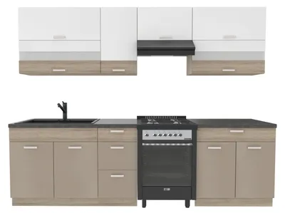 Obrázek produktu pro Kuchynská linka 270 cm – Sonoma béžová/bílá – s tmave hnedou pracovní deskou – kovové zásuvky – systém Soft-Close – MDF – PREMIO B PLUS