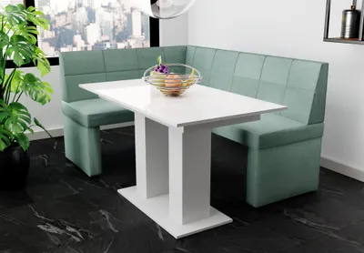 Productafbeelding van Eckbankset 168x128 cm BLAKE R, bekleding: stof Soro, kleur: turkies / Eettafel DANTE, kleur: wit, afwerking: hoogglans