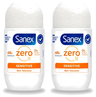 Productafbeelding van 2 x Sanex Zero% Sensitive Deodorant Roller - zonder alcohol en parabenen - 50 ml - voordelingsverpakking - 2 stuks