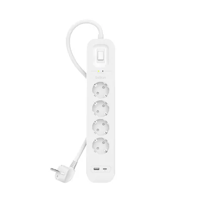 Productafbeelding van Belkin stekkerdoos met overspanningsbeveiliging, 4 stopcontacten, USB-A en USB-C, modelnummer 525J.SRB001vf2M