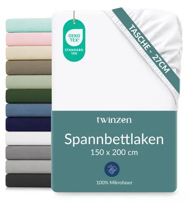 Productafbeelding van Twinzen spannenlakens, microvezel, 150x200 cm, wit, boordhoogte 25 cm