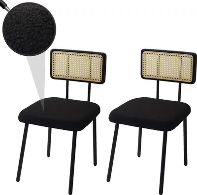 Productafbeelding van Set van 2 eetkamerstoelen, model HWC-K88, met rugleuning, gemaakt van hout, polyrotan en metaal, met een bouclé-stof/textiel bekleding in de kleur zwart