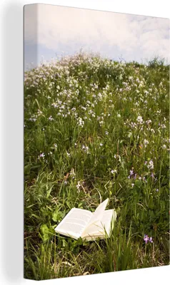 Produktbild von OneMillionCanvasses® - Leinwandbilder - 90x140 cm, Ein Buch in einem Blumenfeld, Wandbilder Kunstdruck Wanddekoration - Wandschmucke - Schlafzimmer