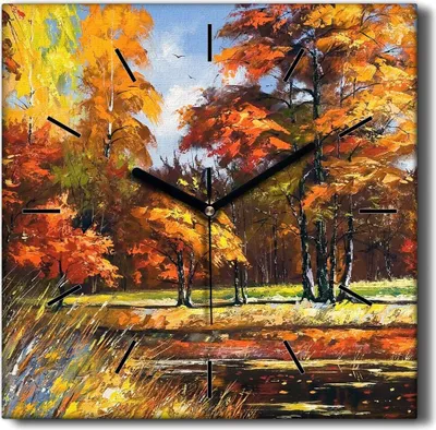 Produktbild von Coloray Hodiny Unikátní 30x30 cm  Tiché hodiny Pro obývací pokoj a kuchyň Nástěnné hodiny Plátno Černé ručičky hodin - Podzimní lesní povaha