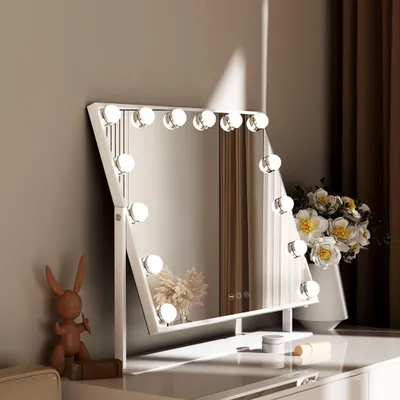Obrázok produktu pre Zrkadlo na líčenie VANITII 58 cm x 46 cm s osvetlením, otočné o 360°, s reguláciou jasu, kozmetické zrkadlo s osvetlením, 3 farby svetla, biele