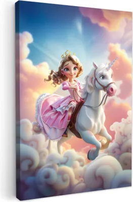 Obrázek produktu pro OneMillionCanvasses® - Obraz na plátně - Princezna - Jednorožec - Dívka - Mraky, nástěnná malba, nástěnné dekorace obrázky do obývacího pokoje, 60x90cm