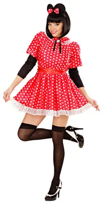 Produktbild von 50er Jahre Polka Dot Kostüm Rot Weiß mit Mäuseohren Haarreif, langen schwarzen Ärmeln und weißer Spitze Größe L