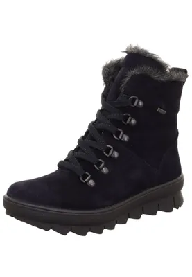 A single navy blue winter boot with gray fur trim and black laces is shown against a white background.