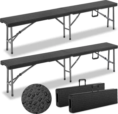 Image de Set de 2 bancs de jardin pliables 180cm acier aspect polyrotin bac d’extérieur camping vacances pique-nique anniversaire