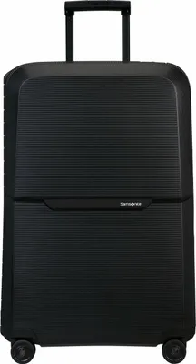 A black Samsonite suitcase is shown against a white background.