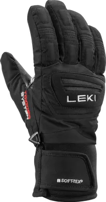 A black Leki winter glove is shown against a white background.