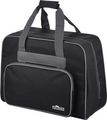 A black duffel bag with gray trim and handles.