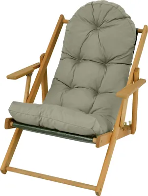 A close-up studio shot of a wooden deck chair with a gray cushion.