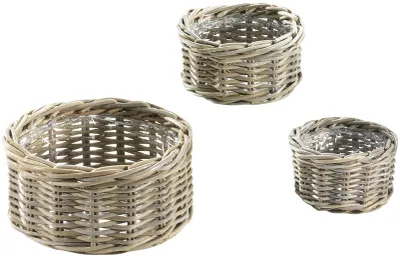 Produktbild von Kobolo Pflanzschale Pflanzset rund Rattan grau Set 3 | Pflanzkorb Blumenkorb Korb Pflanze Dekokorb Pflanze Kräuterkorb Rattankorb Pflanzgefäß Körbe