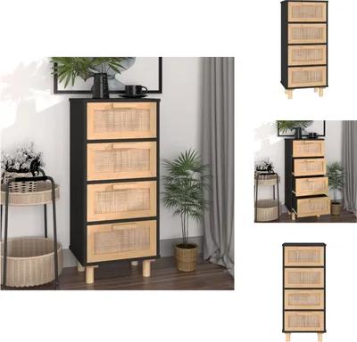 Obrázek produktu pro vidaXL Příborník černý 40x30x90cm z masivní borovice a přírodního ratanu - Příborníky