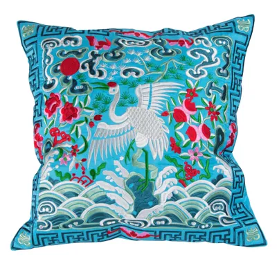 Zdjęcie produktu dla Fine Asianliving Chińska Poduszka Ręcznie Haftowany Niebieski Żuraw 45x45cm Bawełna Japoński Orientalny Styl Azjatycki