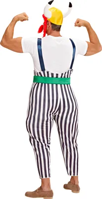 A person wearing a Gallic costume, viewed from the back.