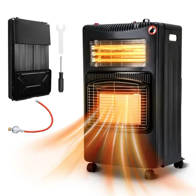 Zdjęcie produktu dla Ogrzewacz gazowy TolleTour o mocy 4,2 kW, w zestawie regulator, wąż i adapter z wtykiem europejskim (EU) do gniazdek 3 i 4. Piec gazowy ceramiczny z 3 poziomami mocy. Grzejnik gazowy na podczerwień, przeznaczony do butli z propanem lub butanem o wadze do 15 kg