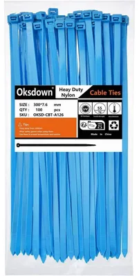 Obrázok produktu pre Káblové svorky, 300 mm x 7,6 mm, modré, 100 kusov, odolné voči UV žiareniu, pevnosť v ťahu 50 kg, nylon