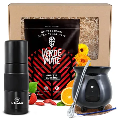 Produktbild von Verde Mate - Yerba Mate Tee Set Guarana 400g - Yerbomos X 450ml - Mate Becher 350ml - Bombilla - Dicke Blätter 5mm - Luftgetrocknet, Mild - Brasilien