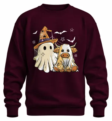 Obrázek produktu pro Halloween kráva duch roztomilý kostým pavučina čarodějnice klobouk karikatura uni mikina svetr, vínová, XXL