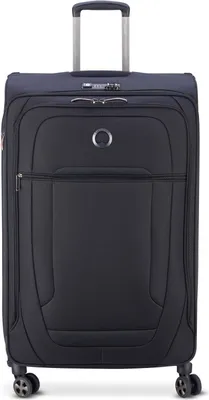 A black Delsey Paris Helium Dlx 2.0 4-wheel trolley is shown from the front against a white background.