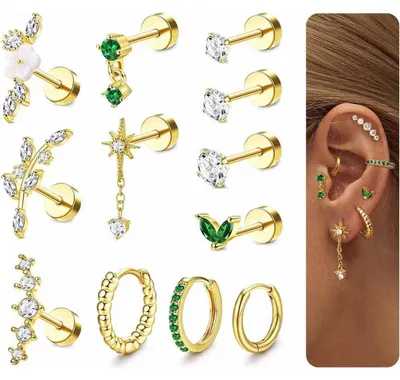 Obrázok produktu pre Sada 12 helix piercingov, chirurgická oceľ s zirkónovou kvetinou, dámske, zlatá/strieborná, 16G