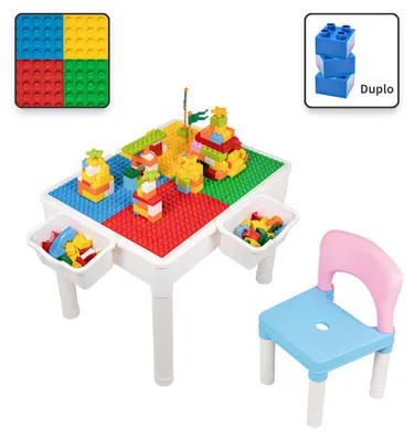 Image de Table de jeu pour enfants avec 1 chaise - Table de jeu avec plan de montage et face lisse - 2 plateaux - pour le jeu de construction Duplo