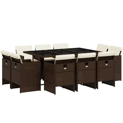 Produktbild von 11-tlg. Garten-Essgruppe mit Kissen Braun Poly Rattan