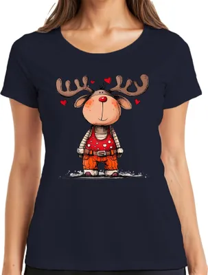 Produktbild von Niedliches Rentier rote Nase Herzen Weihnachten Geschenk Cartoon Damen T-Shirt, Navy, L