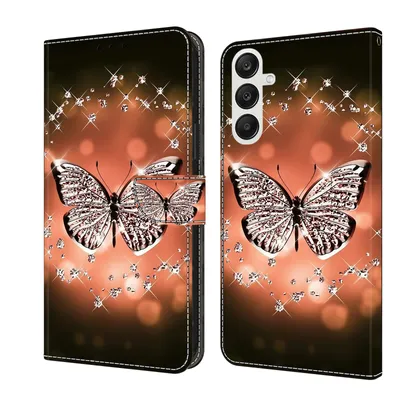 A product image showing a phone case with a butterfly and diamond pattern, displayed in an open and closed state.