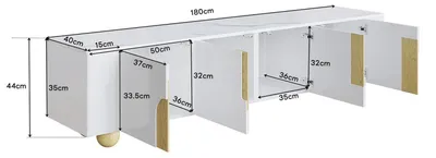Obrázek produktu pro Nízka televizní skříňka, bílá, 180 cm, se 4 dvířky a dřevěnými nožkami