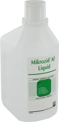 Produktbild von Schülke & Mayr mikrozid AF liquid, 1000 ml, Flasche, Flüssigkeit, 100 g Lösung enthalten folgende Wirkstoffe: 25 g Ethanol (94 %ig), 35 g Propan-1-ol Kennzeichnung..., Unverdünnt auf die Fläche ausbringen, wischen und einwirken lassen. Auf vollständige Benetzung...