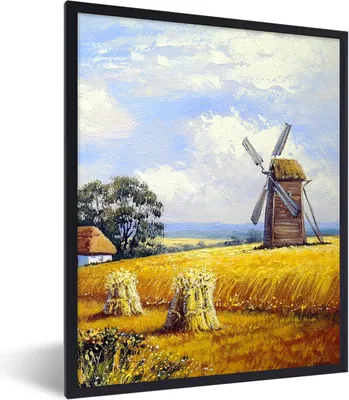 Produktbild von MuchoWow® Gerahmtes Poster Gemälde - Bauernhof - Mühle - Ölfarbe 60x80 cm - Poster mit Schwarzem Bilderrahmen Wandposter Rahmen Foto Bilder - Premium - Wanddeko Wohnzimmer