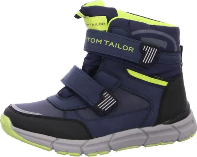 A single blue winter boot with yellow accents and a gray sole is shown against a white background.