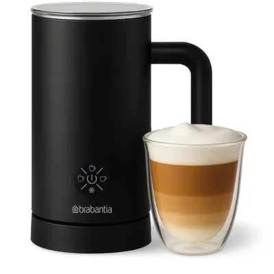 Produktbild von Brabantia Elektrischer Milchaufschäumer, Heiß- und Kaltschaum, 4 Einstellungen, 300 ml, Kontrollleuchte, Antihaftbeschichtung, Schwarz, BBEK1048