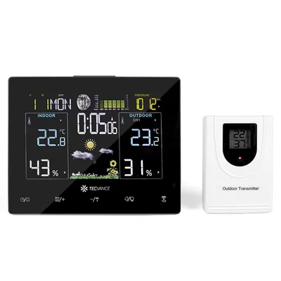 Immagine prodotto di Tecvance I Stazione meteorologica wireless I con sensore esterno, orologio radiocontrollato, monitor della temperatura, previsioni meteo, termometro digitale, stazione meteorologica multifunzionale, display a colori, per interni ed esterni, nero, TV-4855