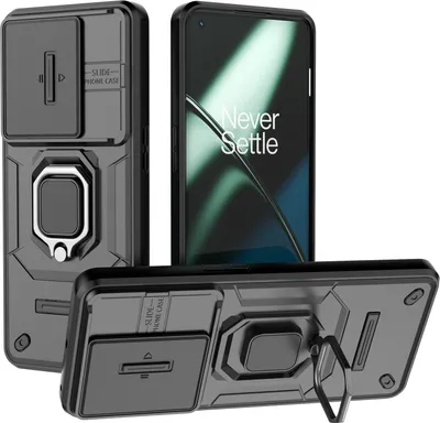Immagine prodotto di Custodia per OnePlus 11 a doppio strato con protezione scorrevole per la fotocamera e supporto per l'anello, supporto nero