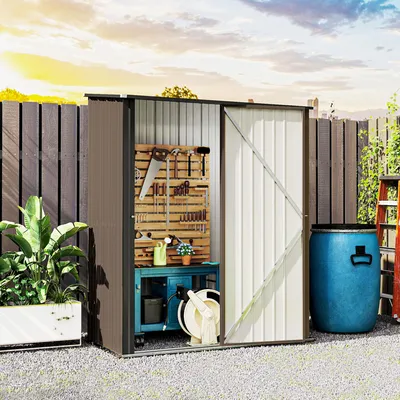 Produktbild von Gerätehaus Metall Pultdach abschließbar, Geräteschuppen verzinkter Stahl, Gartenhaus Braun kompakt | 161,5 x 94,5 x 196 cm | 1,34 m² | Türriegel