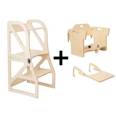Produktbild von leg&go Verstellbarer Lernturm 2-in-1 Securestep Set – Montessori Lernturm mit Fütterungsstuhl & Tisch, Naturholz