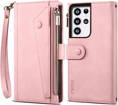 Produktbild von Schutzhülle für Samsung Galaxy S21 Ultra 5G Reißverschluss Hülle, Leder Klapphülle Kartenfach Standfunktion Brieftasche mit Trageband Rosa