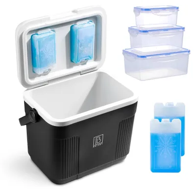 Produktbild von Brisby Kühlbox - Frigobox - 22L - Schwarz - Bis zu 40 Stunden Isolierung - Inkl. 4 dicker 450ml Kühlelemente und 3-teiligem Set Lebensmittelaufbewahrungsbehältern
