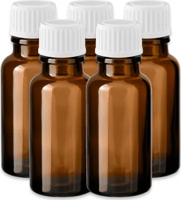 Produktbild von 5x Glasflasche Braun 20 ml mit weißem Kunststoff Schraubverschluss Set