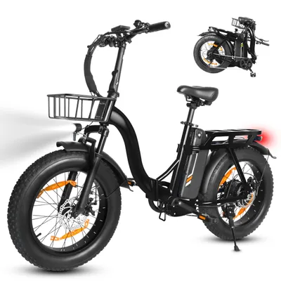Image de Vélo électrique pliable 20×4 pouces, batterie 48 V 20,8 Ah, autonomie jusqu'à 100 km, moteur 250 W, dérailleur 7 vitesses, vélo électrique pliable, avec panier