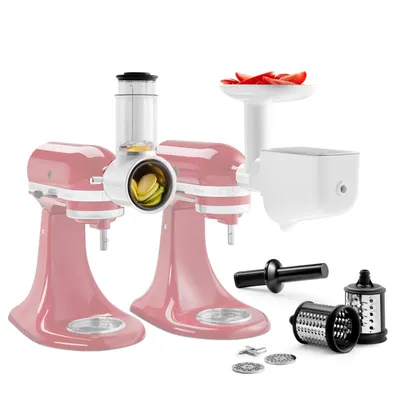 A set of KitchenAid attachments for a stand mixer, including a grater and a food grinder, are displayed against a white background.