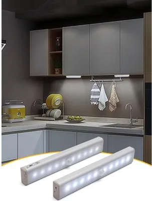 Produktbild von 2er-Set LED-Lampen (je 10 LEDs), USB-aufladbar, Bewegungssensor, 2 Beleuchtungsmodi, tragbar. Schrankbeleuchtung, Nachtlicht