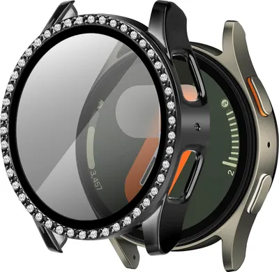 Produktbild von Bandz Diamond Etui mit Bildschirmschutz passend für Samsung Galaxy Watch 7 - 44mm Etui - Hartplastik-Schutzhülle - Glas-Bildschirmschutz - Vollschutzhülle + Bildschirmschutz (schwarz)