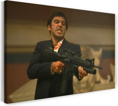 Produktbild von Leinwandbild (120x80cm): Scarface Tony Montana (farbig), echter Holz-Keilrahmen inkl. Aufhänger, handgefertigt in Deutschland