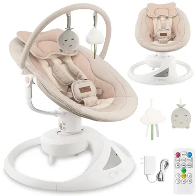 Obrázok produktu pre MoMi PEARL – detská hojdačka s Bluetooth, otočným sedadlom o 360°, 2 režimami, číselným panelom – béžová