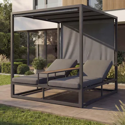 Produktbild von Alu Lounge-Gartenliege HWC-P81, Sonnenliege Daybed, 10cm-Polster 220g/m² 196x165x196cm  dunkelgrau, Polster grau